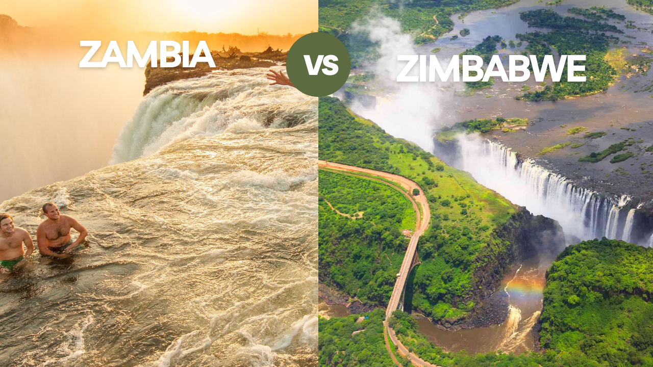 Split image of Devil’s Pool on the Zambian side of Victoria Falls and an aerial view of Victoria Falls and the Victoria Falls Bridge on the Zimbabwean side

